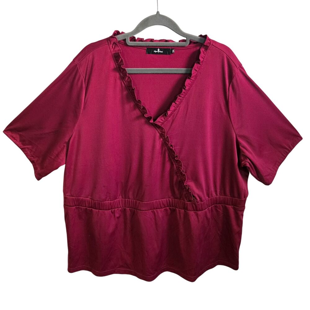 Agnes Orinda Women's 3X Faux Wrap Peplum Blouse Berry Red Ruffle Satin Party